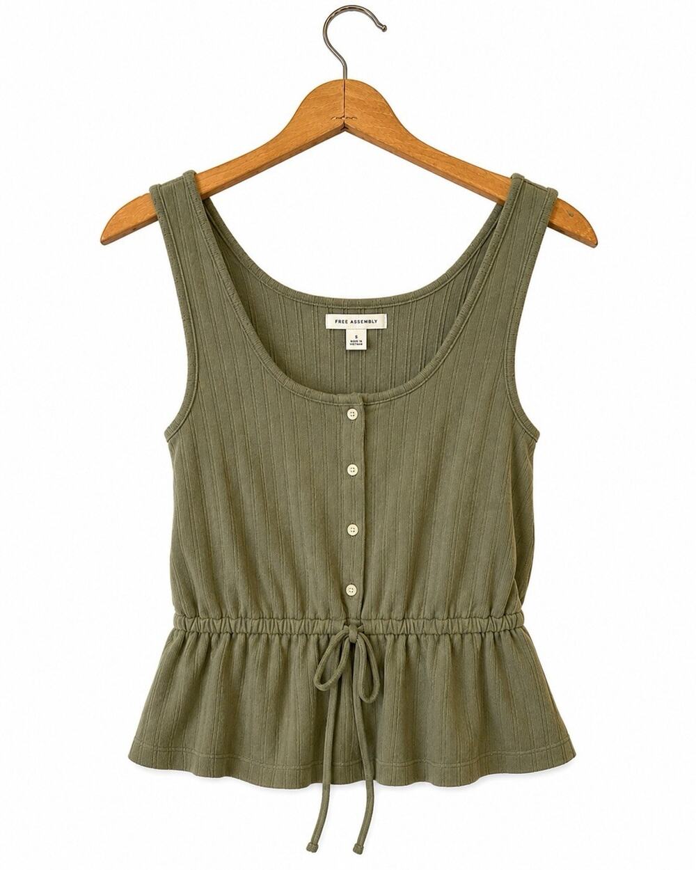 Free Assembly Ribbed Knit Button Front Tie Tank Top Olive Green Size S